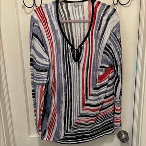 ZOZO Red, Black & Gray Striped V-Neck Blouse